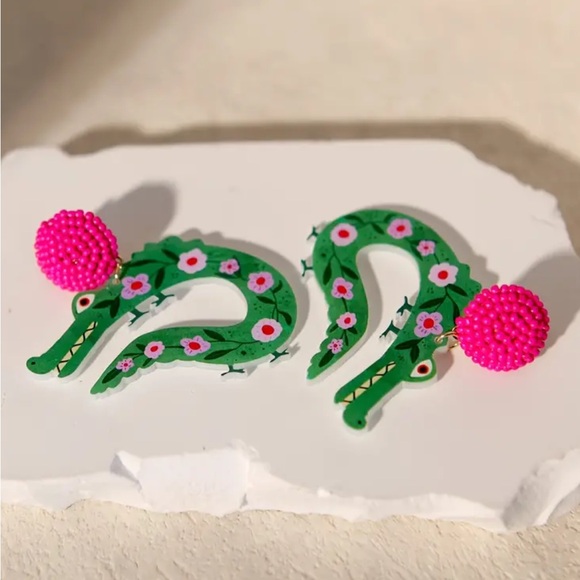 Pink & Green Floral Crocodile Earrings - Picture 3 of 5